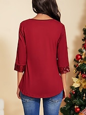 preiswerte Elegante Oberteile-Damen Tunika Bluse einfarbig Alltag Casual Langarm V-Ausschnitt rot Frühling Herbst