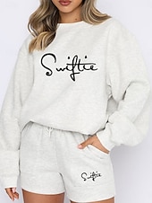 preiswerte Kurze Sets für Damen-Damen Modisch Strassenmode Täglich Pullover Sweatshorts Kurze Hose Langarm Rundhalsausschnitt Glatt Kordelzug Bedruckt Casual Täglich Schwarz Weiß Blau Herbst Regular Fit