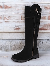 tanie Buty modowe-damskie niebieskie, zamszowe buty do kolan z bocznym zamkiem i frędzlami, styl vintage na jesień i zimę