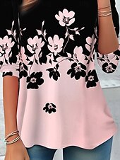 abordables Camiseta floral-Camiseta Túnica para Mujeres Moda Casual Impresión Manga Larga Tops Regulares Cuello Redondo Diario Rosa Primavera Otoño