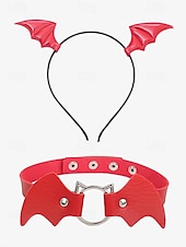 levne Halloweenské doplňky-Sada čelenky s netopýřím křídlem a gotického koženého chokeru – kostýmní doplňky s halloweenskou tématikou pro ženy, ideální pro cosplay a party outfity