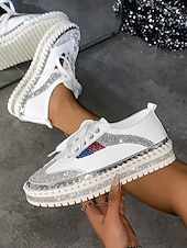 cheap Women&#039;s Sneakers-Women&#039;s Glitter-Accented Black Lace-Up Sneakers – Rhinestone Embellished, Colorful Casual Athletic Shoes for Fashionable Everyday Wear