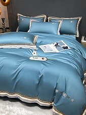 baratos Coleção de elite-Conjunto de cama com capa de edredom de 4 peças, 100% algodão orgânico, tecido macio e respirável, inclui capa de edredom e fronhas para um sono confortável