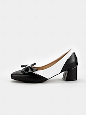 cheap 1950s-Women&#039;s Black and White Block Heel Pumps with Bow Detail – Vintage-Inspired Low-Heel Shoes for Office, Casual, and Dressy Occasions