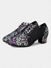 abordables Chaussures de danses latines-chaussures de danse à lacets en cuir noir pour femmes avec empiècements en maille et broderie florale, chaussures légères pour la danse de salon, latine et jazz