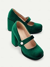 cheap 1950s-Women&#039;s Green Velvet Mary Jane Block Heels with Pearl Accent – Retro Platform Pumps for Party and Formal Events