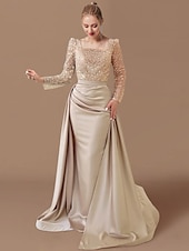 preiswerte Sekt-Meerjungfrau Abendkleid Elegantes Kleid Formelles Bodenk Länge Langarm Illusion-Ausschnitt Champagner Mutter der Braut Kleid Pailletten mit Perlen Überrock 2025