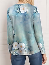 billige Boho t-skjorte-Kvinners Tunika T-skjorte Mote Uformell Trykk Langermet Vanlige topper Rund hals Daglig Blå Himmelblå Vår Høst