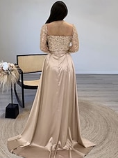 preiswerte Sekt-Schlauch Pailletten Abendkleid Elegantes Kleid Formelles Bodenlang Langarm Quadratischer Ausschnitt Champagner Mutter der Braut Kleid Maskeradenkleid 2025