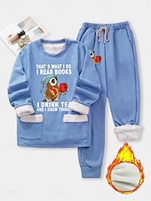 billiga Träningsoveraller för kvinnor-Kvinnors 2 delar Fluffig Pyjamadress Lång ärm Topp och Byxa Text Tryck Komfort Casual Hemma Kläder Dragsko Solid Cozy Vinter