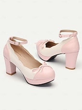 billiga 1950-talet-vintage tvåfärgade chunky klackar för kvinnor med ankelrem och rosettdetalj – skor i retrostil för speciella tillfällen