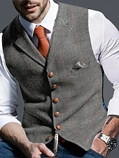  gilet da uomo in tweed, gilet, moda vintage, primavera e autunno, bottoni, misto lana, comodo, semplice, monopetto, scollo a V, vestibilità regolare, verde scuro, blu navy, grigio scuro, grigio chiaro.