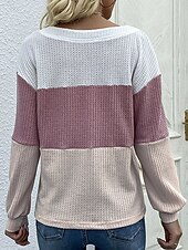 tanie Gładkie bluzki damskie-Damskie Podkoszulek Prążki Moda Nowoczesny Codzienny Długi rękaw W serek Zwykłe topy Codzienny Weekend Niejednolita całość Guziki Czarny Rumiany róż Jesień Zima