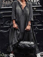 abordables Robes en jean-Robe de travail Robe casual Femme robe longue Elégant Mode A Volants Col V manche longue Bureau du quotidien Plein Ample Noir Bleu Printemps Automne S M L XL 2XL