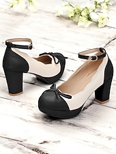 billiga 1950-talet-vintage tvåfärgade chunky klackar för kvinnor med ankelrem och rosettdetalj – skor i retrostil för speciella tillfällen