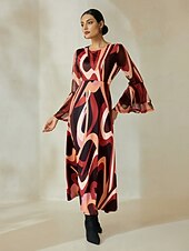 levne Květinové šaty-Dámské Volnočasové šaty Maxi dlouhé šaty Hnědá Dlouhý rukáv Geometrický Potisk Podzim zima Do U Bohemian Style S M L