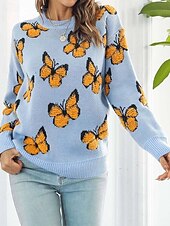 preiswerte Grafische Muster und Details-Damen Pullover Modisch Kuschelig Strassenmode Graphic Bedruckt Rundhalsausschnitt Strick Langarm Normale Oberteile Stricken Arbeit Wochenende Blau Orange Herbst Winter