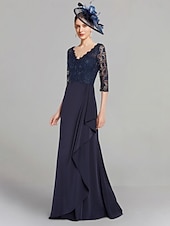 cheap Floor Length-A-Line Mother of the Bride Dress Elegant V Neck Floor Length Stretch Chiffon 3/4 Length Sleeve with Lace Pleats free custom size