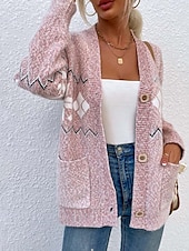 billiga Koftor &amp; Ytterkläder-ful kofta för kvinnor öppen fram stickad stickad texturerad höst vinter nyår mode streetwear dagligen långärmad snöflinga rosa ljusgrå