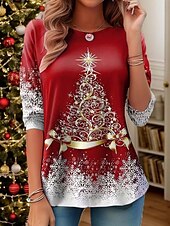 economico Magliette di Natale-tunica natalizia da donna manica 3/4 stampa albero di natale casual elasticizzata rosso bianco fiocco di neve girocollo abbigliamento invernale festivo