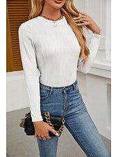 お買い得  女性用作業トップ-女性用 シャツ 純色 スタイリッシュ 近代の カジュアル 長袖 クルーネック レギュラートップス ワーク ブラック ホワイト ピンク グリーン 秋 冬