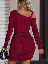 preiswerte Bodycon für den Klub-Damen Casual kleid Minikleid Patchwork Kalte Schulter Brautkleider schlicht Ein-Schulter Langarm Schwarz Weiß Wein Farbe