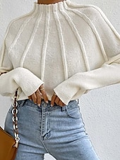 cheap Graphic Patterns &amp; Details-Women&#039;s Sweater Fashion Daily Solid Color Mock Neck Knitted Textured Batwing Sleeve Long Sleeve Regular Tops Knit Home Work Daily Black White Fall Winter