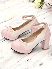 billiga 1950-talet-vintage tvåfärgade chunky klackar för kvinnor med ankelrem och rosettdetalj – skor i retrostil för speciella tillfällen