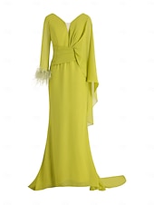 billiga GRÖN-Strandbröllop svart grön sjöjungfru kvällsklänning elegant klänning formell höst golvlängd lång ärm V-hals chiffon med fjädrar rynkade volanger 2025