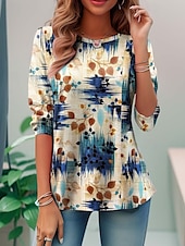 tanie koszulka w kwiaty-damska koszulka t-shirt casual print długi rękaw regular top okrągły dekolt codzienny biały niebieski fioletowy khaki wiosna jesień