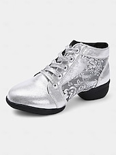economico Scarpe per balli latini-scarpe da ballo da donna con lacci color argento, pannelli floreali in rete e suola morbida, ideali per balli da sala, latino e jazz