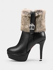 olcso Női karácsonyi cipők-női piros magassarkú szőrme díszítésű karácsonyi csizma platform és csat részlettel – ünnepi téli ünnepi cipő