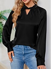 economico Top eleganti-Per donna Camicia Elegant Elegante Raso/Satin Tinta unica Signore Elegante Manica Lunga Scollo a V Top Regolari Feste Lavoro Nodo attorcigliato Nero Bianco Verde Cachi Autunno Inverno
