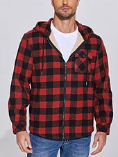 preiswerte Herrenjacken &amp; Herrenmäntel-Herren Hemdjacke Kapuzenjacke Shacket Flanell-Fleecejacke Täglich Urlaub warm Mit Kapuze Herbst Winter Schottenstoff Kariert Modisch Strassenmode Kargen Standard Schwarz Dunkelrot Hellgrün Rote Blau