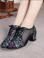 abordables Chaussures de danses latines-chaussures de danse à lacets en cuir noir pour femmes avec empiècements en maille et broderie florale, chaussures légères pour la danse de salon, latine et jazz