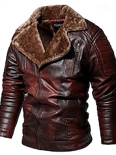 billige Lærjakker-Herre Lærjakker Fleece-jakke Biker jakke Motorsykkeljakke Daglig Feriereise Vindtett Hold Varm Lomme Høst vinter عادي Mote Klassisk Knaphul Normal Svart Rød Brun kaffe Jakker