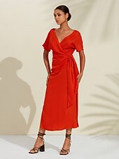 Robe midi portefeuille froncée en lin tencel pour femme orange rouge col en V abordables Robes décontractées-Robe midi portefeuille froncée en lin tencel pour femme orange rouge col en V