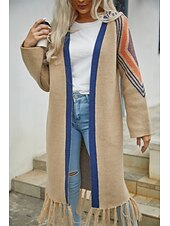 abordables Cardigans et vêtements d&#039;extérieur-Femme Gilet Cardigan Mode du quotidien Géométrique Ouvrir le devant Franges manche longue Hauts longs Tricoter Extérieur Sortie Fin de semaine Noir Chameau Automne Hiver