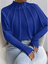 cheap Graphic Patterns &amp; Details-Women&#039;s Sweater Fashion Daily Solid Color Mock Neck Knitted Textured Batwing Sleeve Long Sleeve Regular Tops Knit Home Work Daily Black White Fall Winter
