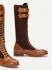 baratos anos 1930-botas femininas de camurça sintética bordô e couro sintético preto com cadarço na altura do joelho – design de inspiração vintage com tiras de fivela dupla, perfeitas para uso casual e formal