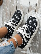 economico Per le donne-sneakers da donna con lacci e stampa teschio – scarpe basse casual gotiche con suola bianca, perfette per Halloween e per lo street style quotidiano
