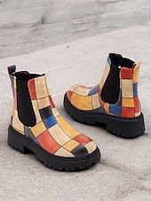 preiswerte Chelsea -Stiefel-mehrfarbige Chelsea-Stiefel im Patchwork-Stil für Damen – moderne dicke Sohle mit elastischen Seiteneinsätzen für Retro- und Casual-Styling