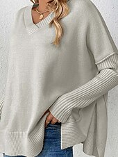 abordables Couleurs unies-Femme Pull Chandail Elégant Mode du quotidien Couleur unie Col V Tricoté manche longue Hauts longs Tricoter Travail Noir Jaune Automne Hiver