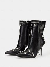 abordables Botas de moda-Botas de moto con tacón de aguja de piel sintética negra para mujer con hebillas y detalles de cremallera: tacones de media pantorrilla con punta puntiaguda sexys para fiestas y salidas nocturnas