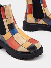 preiswerte Chelsea -Stiefel-mehrfarbige Chelsea-Stiefel im Patchwork-Stil für Damen – moderne dicke Sohle mit elastischen Seiteneinsätzen für Retro- und Casual-Styling
