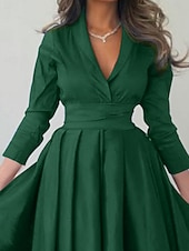 economico Formale / Cravatta nera-Abito di Seta A-Line Abito di Natale Abito da Sera Abito Elegante Formale Abito Rosso Lunghezza fino al Pavimento Manica 3/4 Collo a V con Pieghe abito per impressionare
