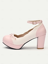 billiga 1950-talet-vintage tvåfärgade chunky klackar för kvinnor med ankelrem och rosettdetalj – skor i retrostil för speciella tillfällen