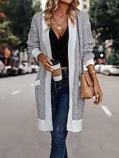billige Cardigans og yttertøy-Dame Kofte Elegant Mote Gatemote Fargeblokk Kabel Åpen Forside Strikket Langermet Lange topper Strikke utendørs Arbeid Helg Dusty Rose Kakifarget Høst Vinter