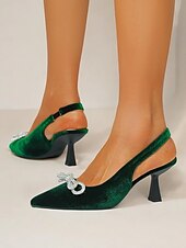 cheap Cocktail-Women&#039;s Velvet Slingback Heels – Pointed Toe Cocktail Party Pumps with Rhinestone Bow for Holiday and Nightlife Glam