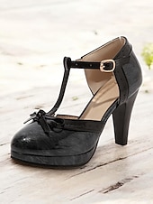 abordables Années 1950-Escarpins rétro à talons hauts et brides en T pour femmes avec nœud et boucle – chaussures de style vintage classiques pour mariages, fêtes et événements officiels
